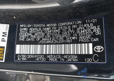 2022 Toyota Corolla Se z USA, uszkodzony, nr VIN JTDS4MCE2NJ091981